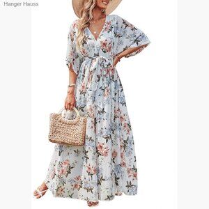Wrap V-Neck Maxi Dress with 3/4 Sleeves, Loose Fit, Floral Print, Beach Wedding